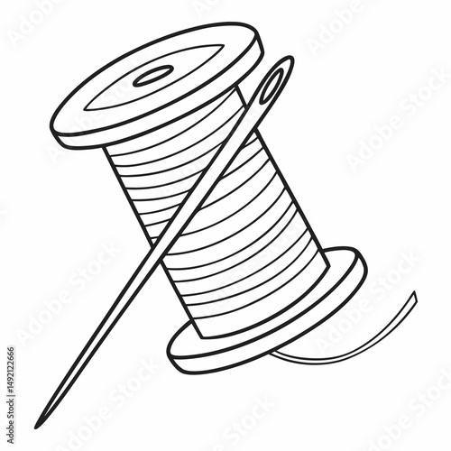Thread spool and needle line art illustration