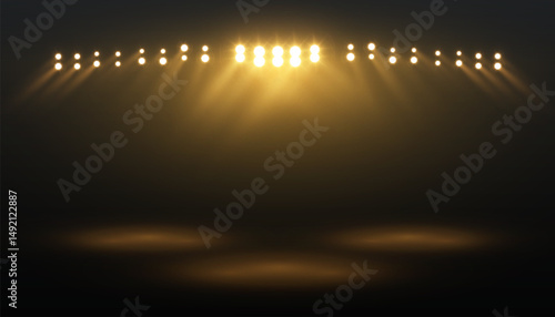 Bright yellow spotlights glow on dark background. Vector illustration of spotlights for concert and theater stages, entertainment banners and spotlight design concepts.