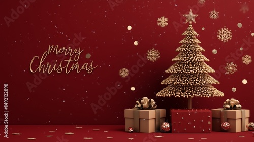 A minimalist Christmas background with a simple red backdrop, a stylized Christmas tree made of golden lights, and snowflakes