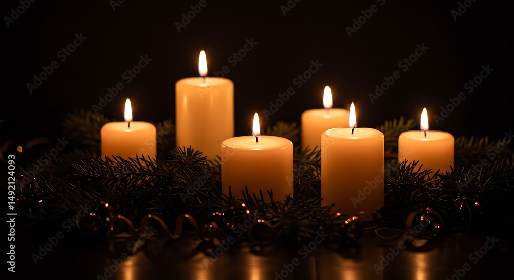 Candles Burning with Evergreen Sprigs for a Warm and Cozy Atmosphere Candles Burning with Evergreen Sprigs for a Warm and Cozy Atmosphere