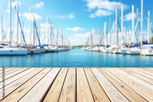 Wooden deck foreground with blurred marina full of yachts and sailboats in the background, sunny weather, peaceful summer vacation concept. Ai generative