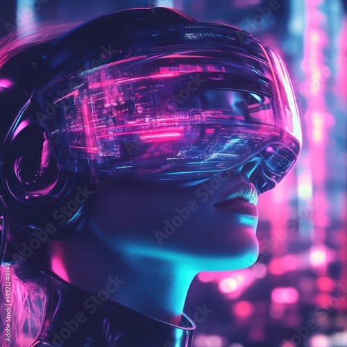Futuristic woman wearing VR headset in vibrant city lights