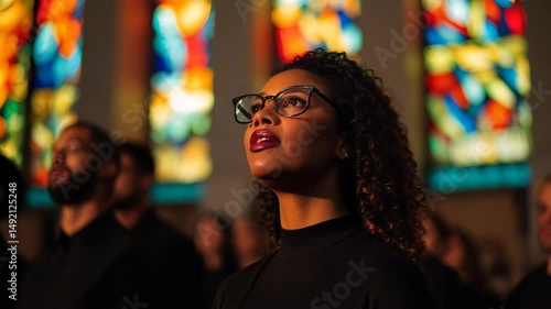 Woman with curly hair and glasses sings with others, surrounded by soft light and stained glass hues