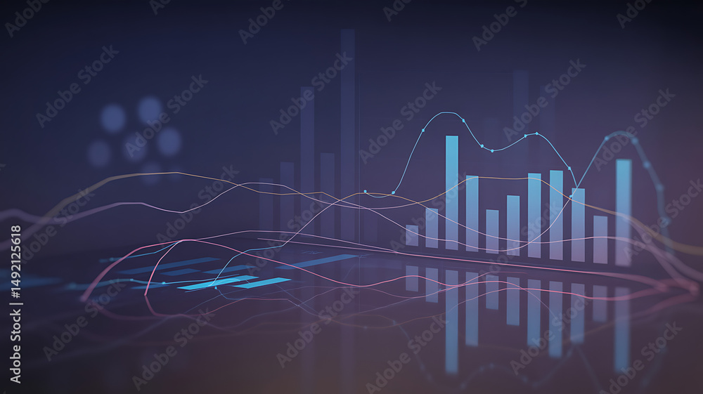 Naklejka premium Abstract Financial Data Visualization with Dynamic Charts and Graphs on a Reflective Surface