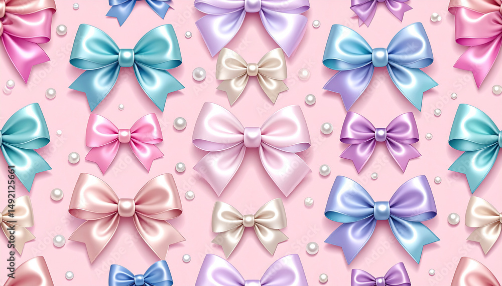 realistic satin bows pattern with pearls, cute background bowcore style realistic satin bows pattern with pearls, cute background bowcore style