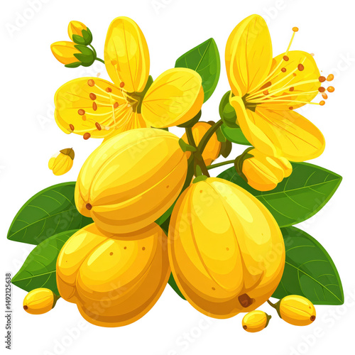 Bright and Vibrant Yellow Flowers and Fruits Illustration Featuring Tropical Botanicals and Lush Green Leaves for Nature Inspired Designs