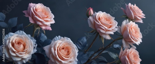 Subtle watercolor roses on midnight blue gradient, textured backdrop, photography, texture, dark