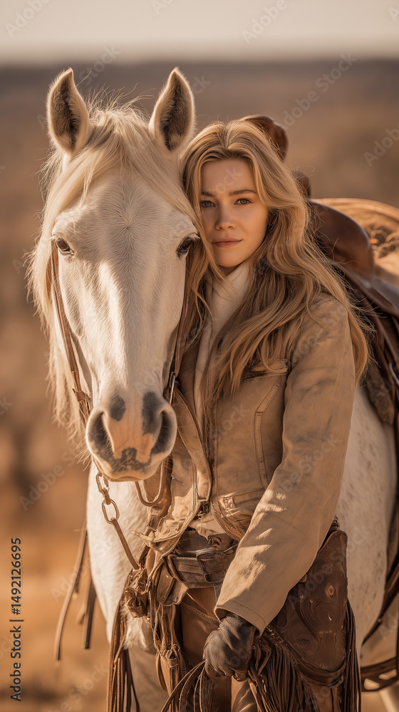 Obraz premium Young woman embracing white horse in an outdoor desert setting 
