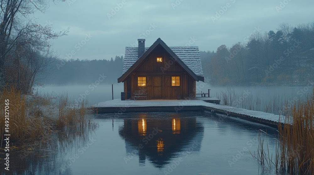 Fototapeta premium Cozy cabin on a snowy lake dock at twilight