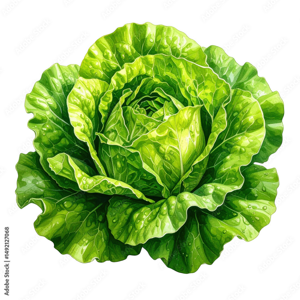 Fototapeta premium Fresh and Green Lettuce Head with Dew Drops on Leaves Surrounded by Vibrant Texture, Perfect for Healthy Cooking and Organic Food Concepts