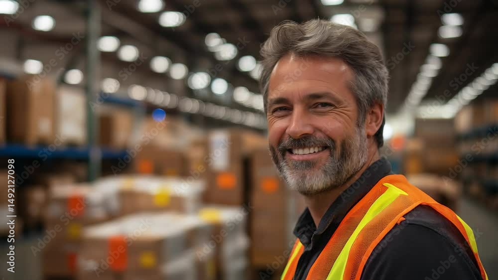 Grinning man in neon vest stands in a long aisle surrounded by warehouse lights and cardboard boxes Grinning man in neon vest stands in a long aisle surrounded by warehouse lights and cardboard boxes