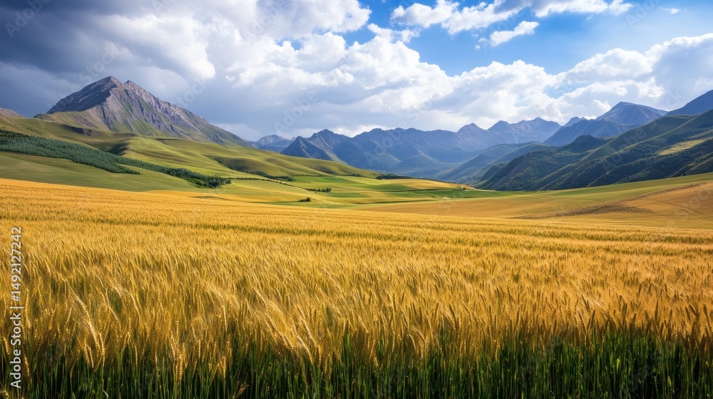 Obraz premium Golden Wheat Fields Embrace Majestic Mountains