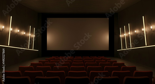 movie theater,  cinema,  empty seats, Empty Movie Theater with Red Seats and Blank Screen