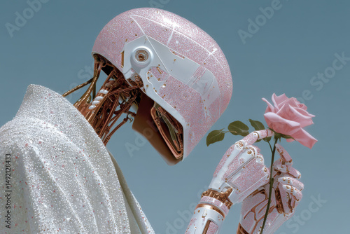 Pink robot gently holding a rose under blue sky