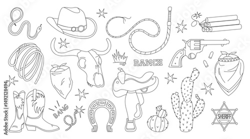 Wild West set hand drawn doodle. Western. Cowboy clothes, hat, boots, bandana. Sheriff badge. Desert cacti. Revolver shooting. Buffalo skull. Lasso, whip. Vector line art illustration.