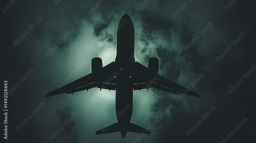 Fototapeta premium Silhouette jet plane, low flight, stormy sky