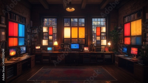 Cozy urban workspace with colorful stained glass