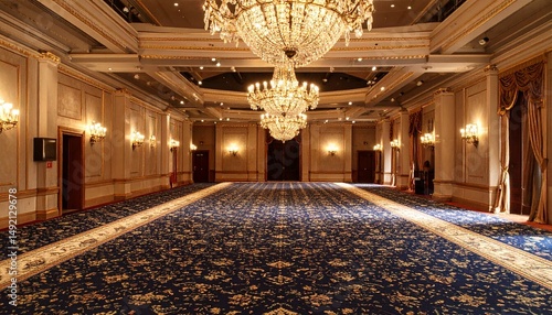 elegance hotel corridor illuminated by ornate chandelier glow 
