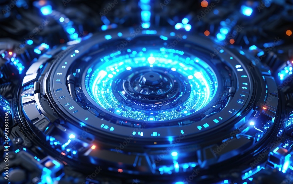 Complex futuristic rotating technological device with glowing blue lights.