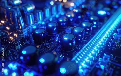Obraz na płótnie Illuminated Electronic Circuit Board Components Closeup w salonie