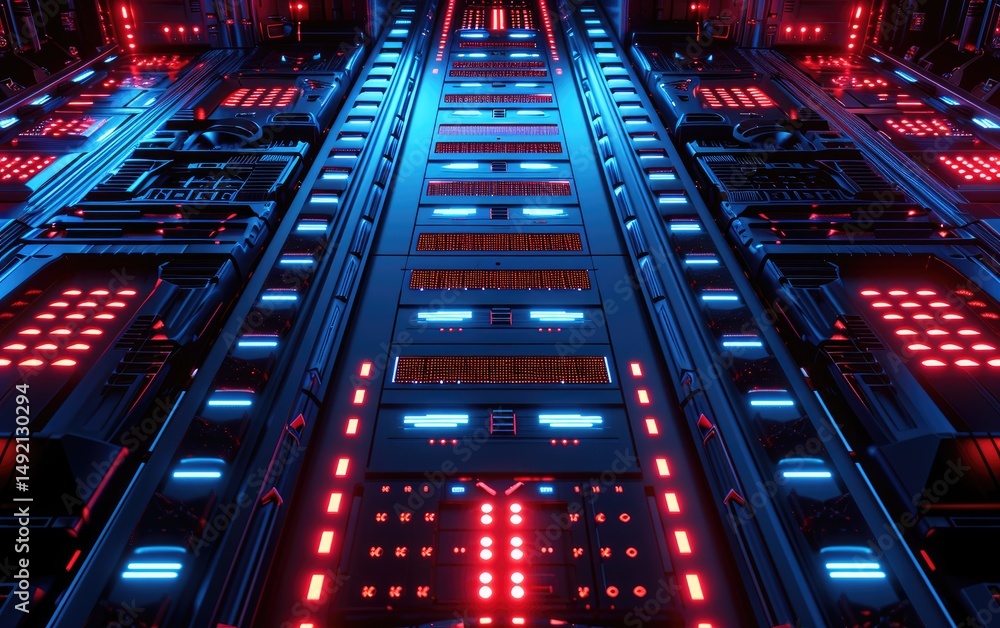 Futuristic Server Room Interior Red And Blue Lights