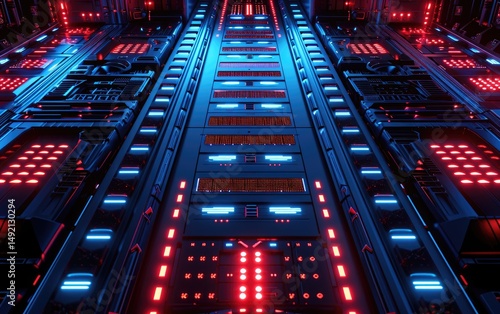 Obraz na płótnie Futuristic Server Room Interior Red And Blue Lights w salonie