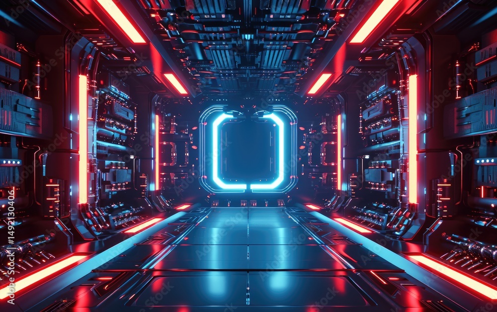 Futuristic spaceship corridor with red and blue neon lights illuminating a sleek metallic interior.