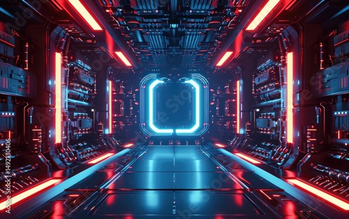 Obraz na płótnie Futuristic spaceship corridor with red and blue neon lights illuminating a sleek metallic interior. w salonie