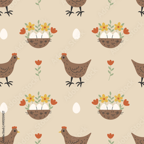 Hen Nest Egg Seamless Pattern. Cute Summer Cottagecore background with Farm Chicken Bird Flowers. Rural Rustic Cottage Countryside repeat vector illustration