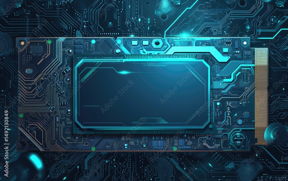 Fototapeta premium Futuristic circuit board with glowing teal accents highlighting its advanced technological components.