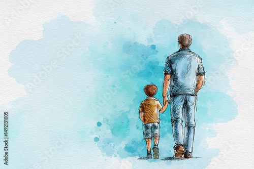 Fathers' Day card with cute watercolor sketch illustration of dad with son standing together, copy space for poster or social media. High quality