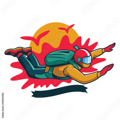 Flat Skydiver Illustration with Parachute on White Background.