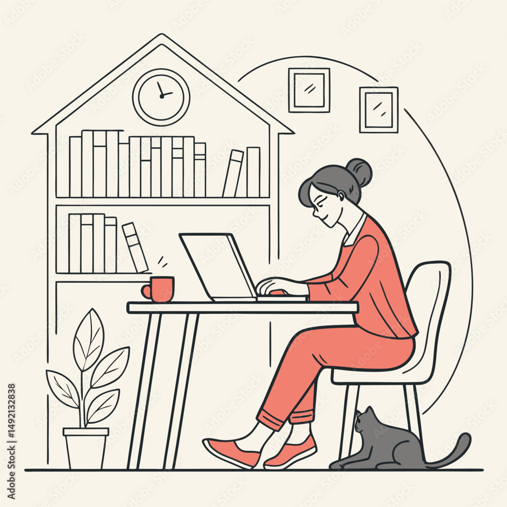 Woman Working On Laptop at Home with Cat Illustration Woman Working On Laptop at Home with Cat Illustration