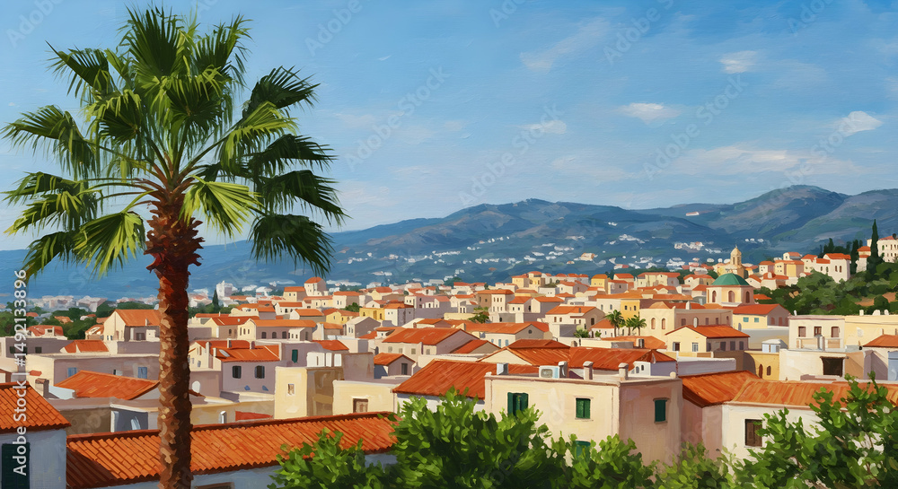 mediterranean, village, landscape, Mediterranean Village Landscape with Palm Tree mediterranean, village, landscape, Mediterranean Village Landscape with Palm Tree