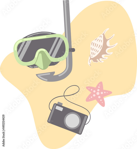 Clip art of cartoon diving mask and camera and shell and starfish isolated. Snorkling vector illustration for design.