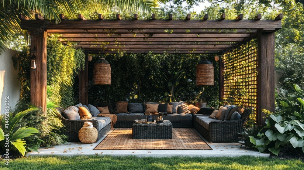 Lush Outdoor Living Space with Stylish Pergola and Comfortable Seating Area Lush Outdoor Living Space with Stylish Pergola and Comfortable Seating Area