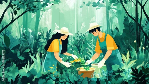 Couple gardening in lush green forest illustration