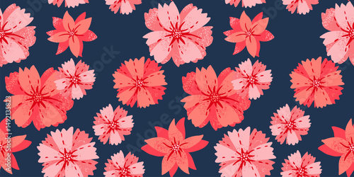 Abstract large floral seamless pattern. Red stylized daisy flowers print. Contemporary ornament for designs, fabric, textiles, cover