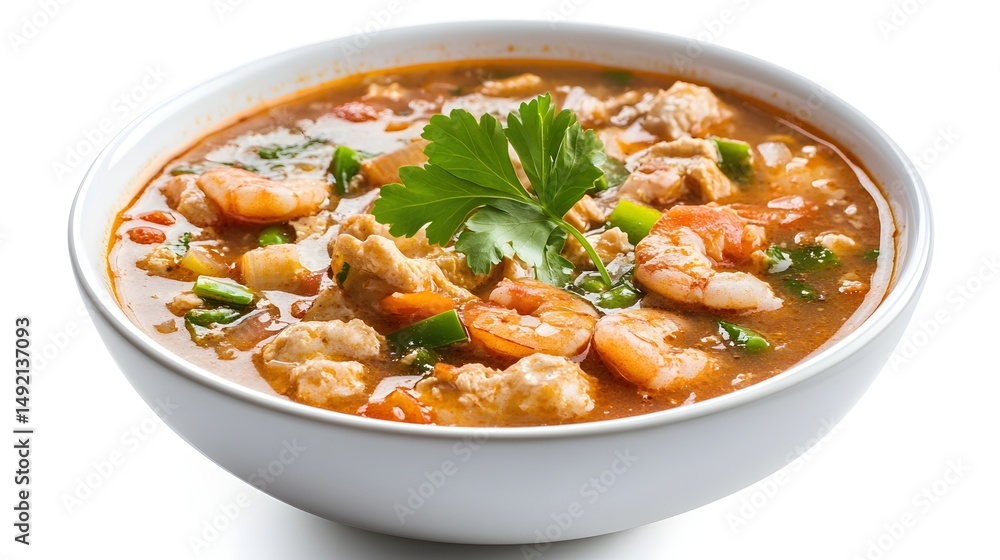 Photograph of a white bowl filled with shrimp and sausage étouffée, garnished with parsley and green onions. Photograph of a white bowl filled with shrimp and sausage étouffée, garnished with parsley and green onions.