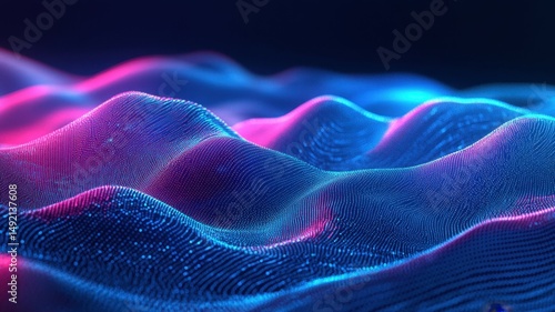 Abstract digital landscape illustration with blue and pink colors