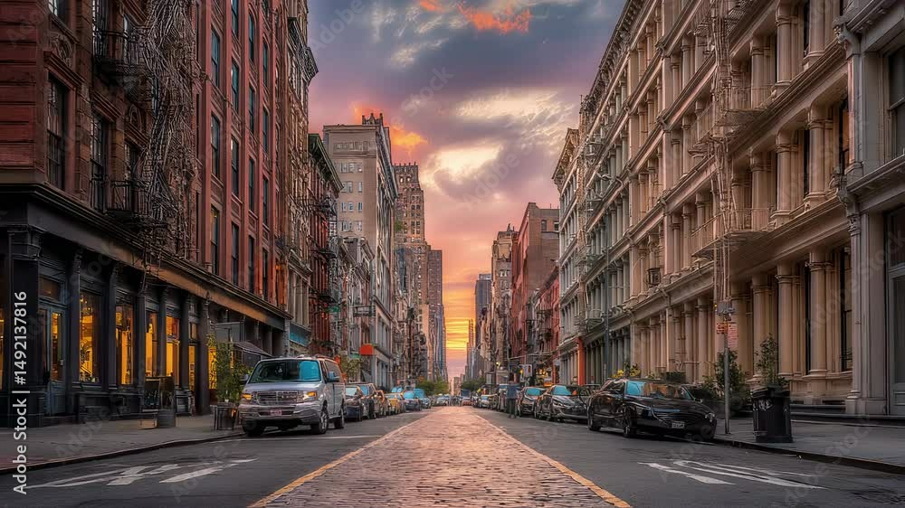 Charming soho street in manhattan, new york city at golden hour with historic cast-iron buildings, warm sunset light, and cobblestone pavement