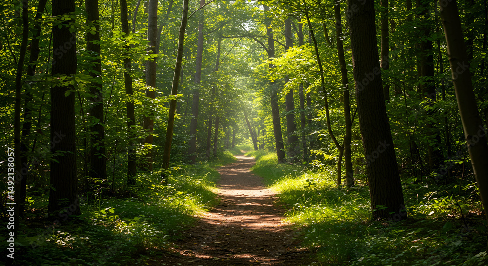Fototapeta premium forest, path, trail, Sunlit Path Through Lush Green Forest