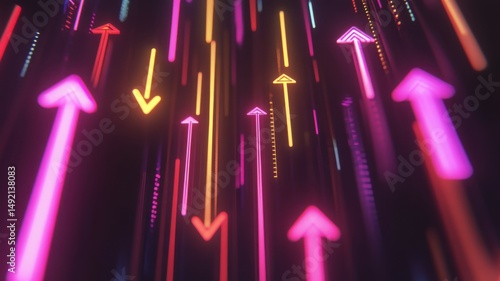 Abstract glowing neon arrows point up and down