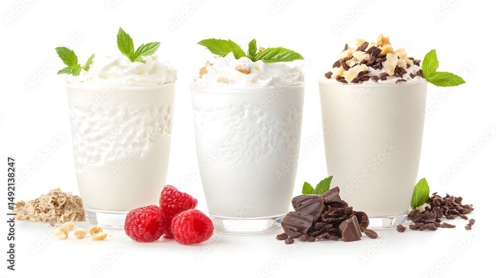 Photograph of three milkshake glasses with various toppings including whipped cream, berries, granola, and chocolate. Photograph of three milkshake glasses with various toppings including whipped cream, berries, granola, and chocolate.