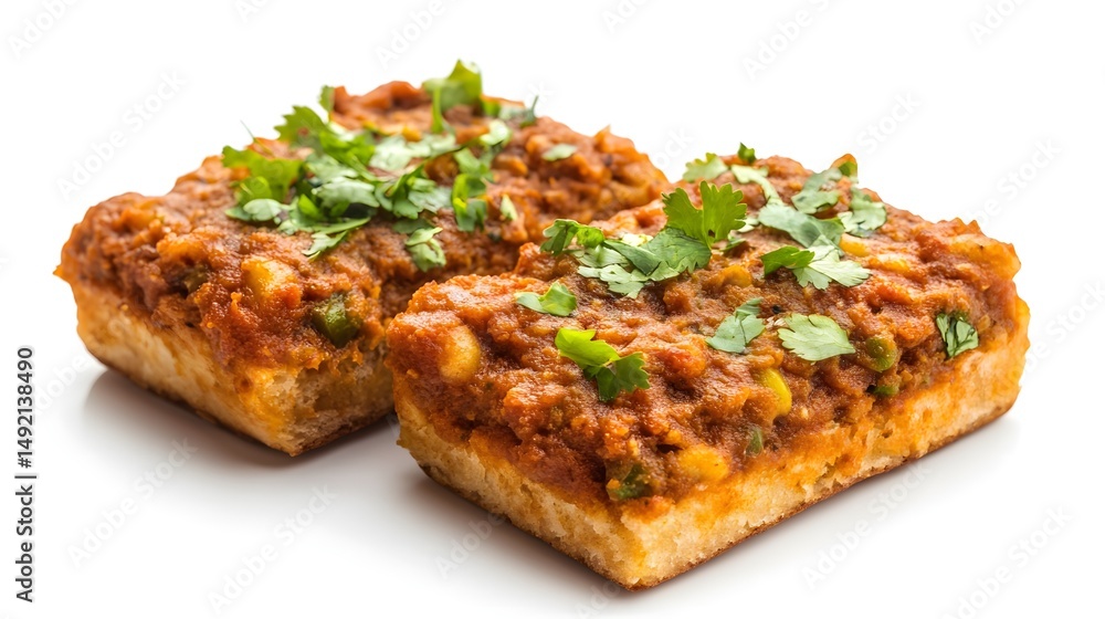 Photograph of two rectangular, tomato-based pizzas with fresh cilantro garnish on a white surface. Photograph of two rectangular, tomato-based pizzas with fresh cilantro garnish on a white surface.