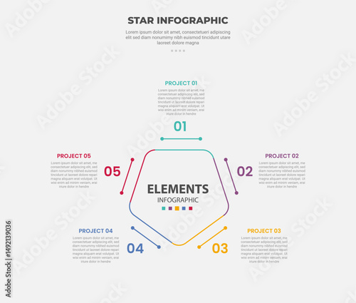 star or pentagram shape infographic outline style with 5 point template with unusual star shape with round hexagon shape for slide presentation