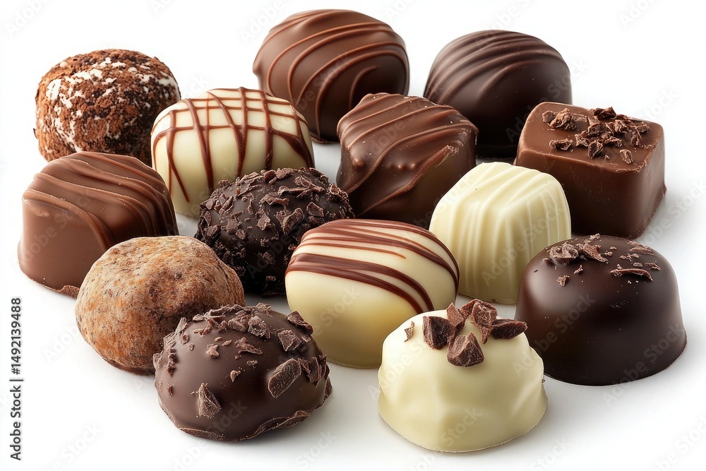 Assorted chocolate truffles in milk, dark, and white, sit on white. Use for Valentine's Day, dessert recipes, or luxury chocolate gifts. Assorted chocolate truffles in milk, dark, and white, sit on white. Use for Valentine's Day, dessert recipes, or luxury chocolate gifts.