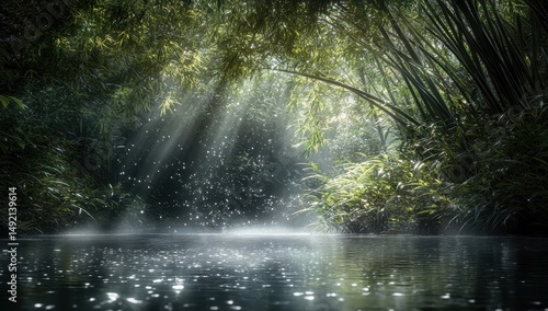 Sunlight streams through bamboo forest, illuminating misty river