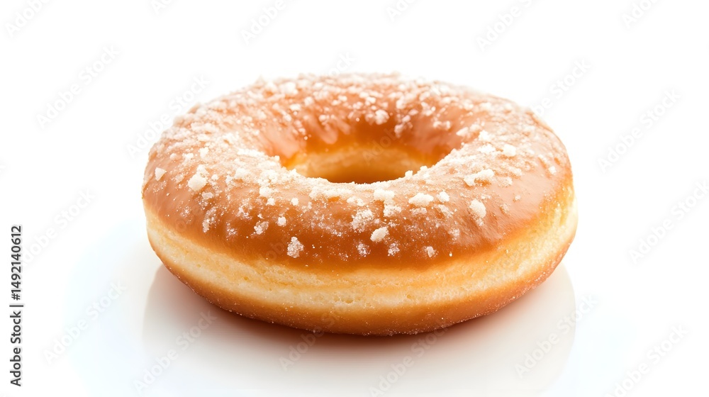 Photograph of a glazed donut with granulated sugar sprinkles on a white background. Photograph of a glazed donut with granulated sugar sprinkles on a white background.