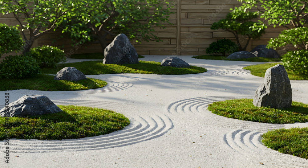 Obraz premium zen garden, japanese garden, rock garden, Serene Japanese Zen Garden Design with Raked Sand and Rocks